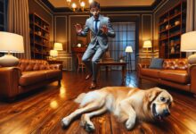 A person tripping over a lying dog on the floor