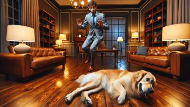 A person tripping over a lying dog on the floor