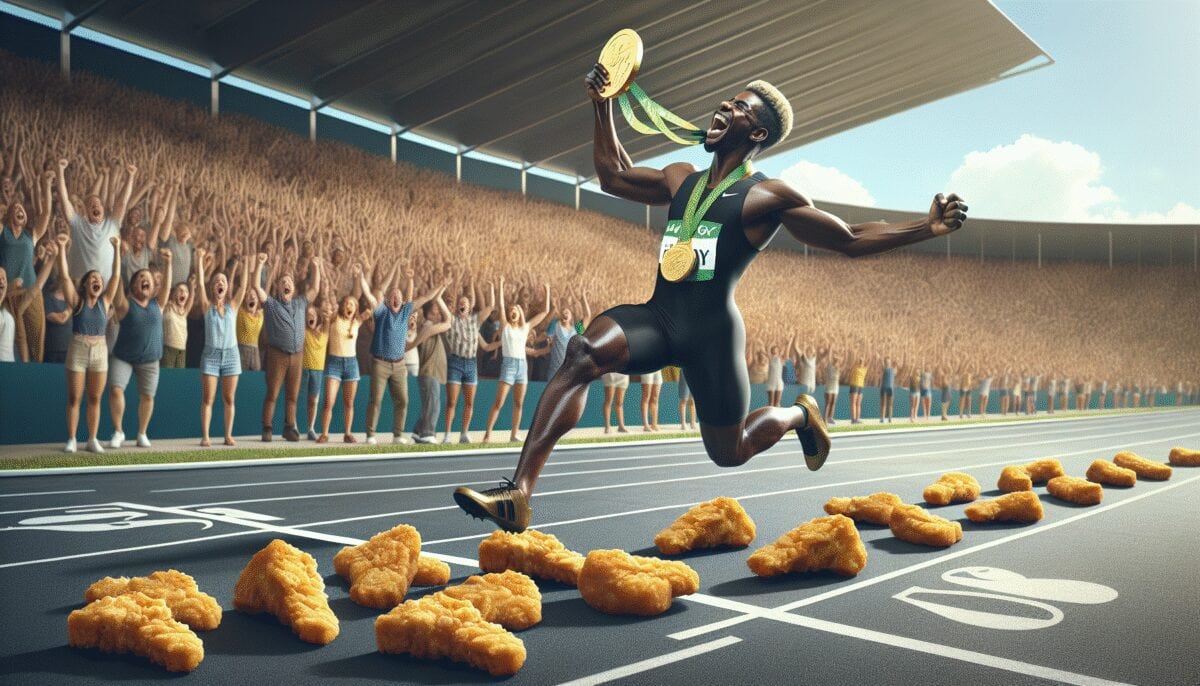 Usain Bolt před výhrou 3 olympijských medailí v Pekingu spořádal během 10 dnů 1 000 kuřecích nuggetů Usain Bolt před výhrou 3 olympijských medailí v Pekingu spořádal během 10 dnů 1 000 kuřecích nuggetů